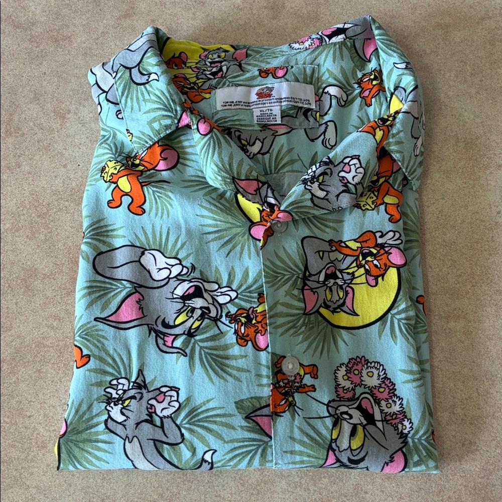 Tom and Jerry Rayon Light Green Short-Sleeve Button-Up Shirt Size XL
